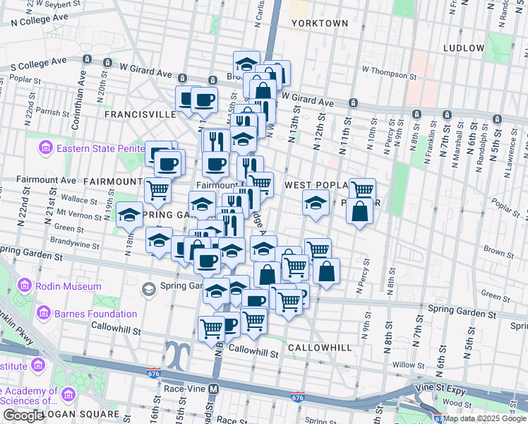 map of restaurants, bars, coffee shops, grocery stores, and more near 638 North 13th Street in Philadelphia