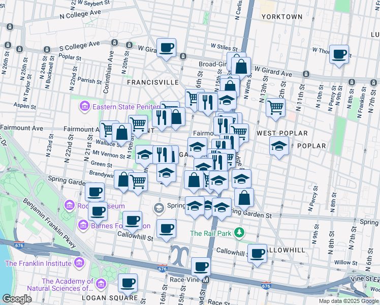 map of restaurants, bars, coffee shops, grocery stores, and more near 1530 North Street in Philadelphia