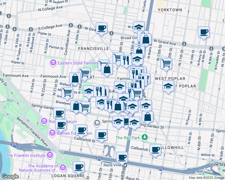 map of restaurants, bars, coffee shops, grocery stores, and more near 1530 North Street in Philadelphia