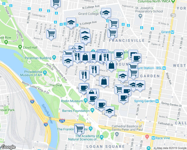 map of restaurants, bars, coffee shops, grocery stores, and more near in Philadelphia