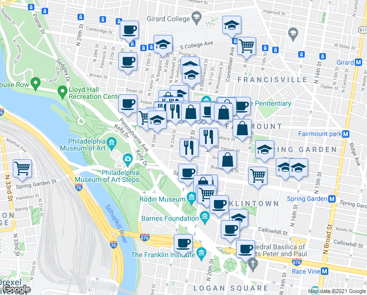 map of restaurants, bars, coffee shops, grocery stores, and more near in Philadelphia