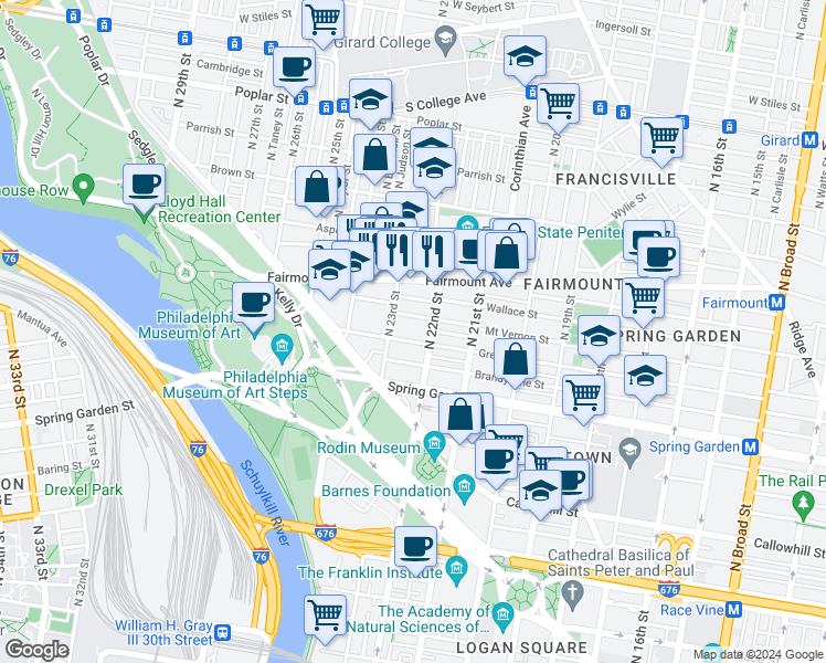 map of restaurants, bars, coffee shops, grocery stores, and more near 2229 Green Street in Philadelphia