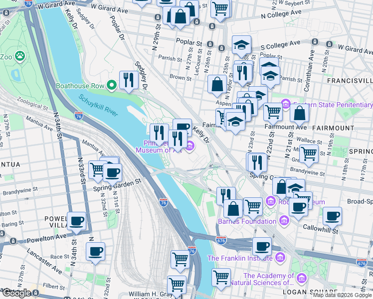 map of restaurants, bars, coffee shops, grocery stores, and more near 2600 Benjamin Franklin Parkway in Philadelphia