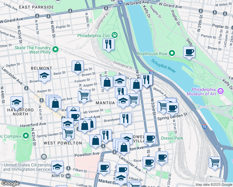 map of restaurants, bars, coffee shops, grocery stores, and more near 676 North 36th Street in Philadelphia