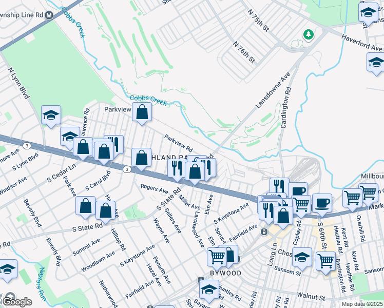 map of restaurants, bars, coffee shops, grocery stores, and more near 115 Ardsley Road in Upper Darby