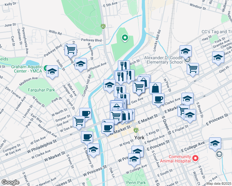 map of restaurants, bars, coffee shops, grocery stores, and more near 231 Interstate 83 Business in York