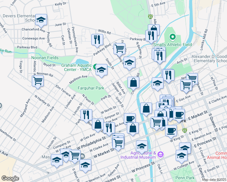 map of restaurants, bars, coffee shops, grocery stores, and more near 283 Park Street in York