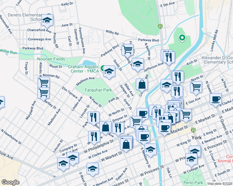 map of restaurants, bars, coffee shops, grocery stores, and more near 433 North Newberry Street in York