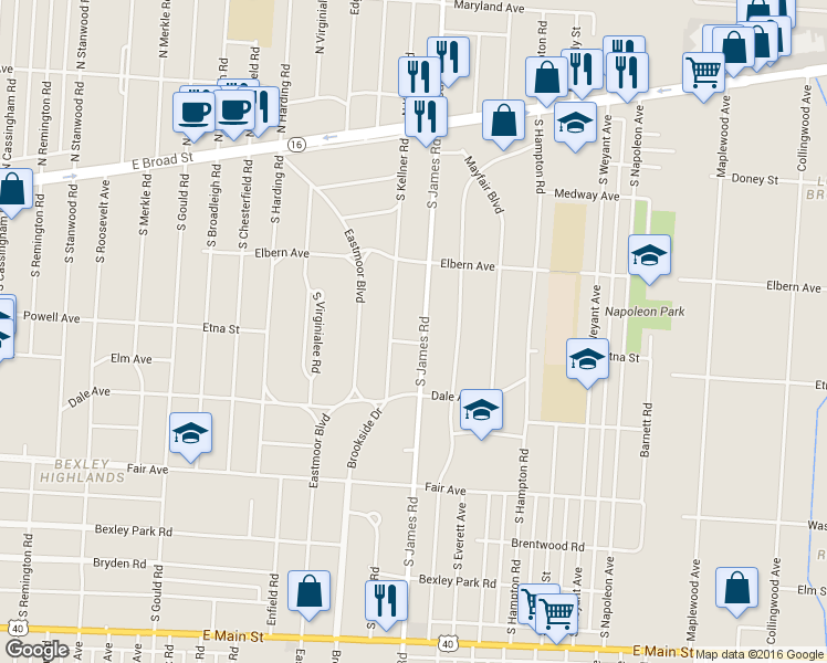 map of restaurants, bars, coffee shops, grocery stores, and more near 264 South James Road in Columbus