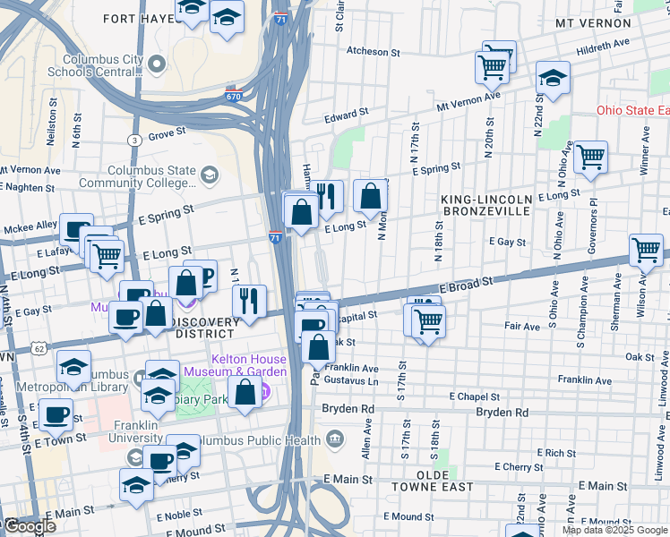 map of restaurants, bars, coffee shops, grocery stores, and more near 65 Hamilton Park in Columbus