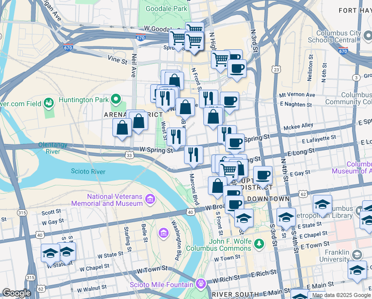 map of restaurants, bars, coffee shops, grocery stores, and more near 200 West Spring Street in Columbus
