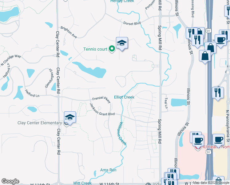 map of restaurants, bars, coffee shops, grocery stores, and more near 1136 Frenzel Parkway in Carmel