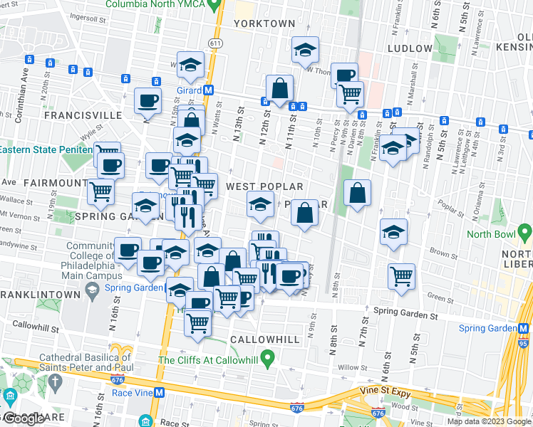 map of restaurants, bars, coffee shops, grocery stores, and more near 1100 Fairmount Avenue in Philadelphia