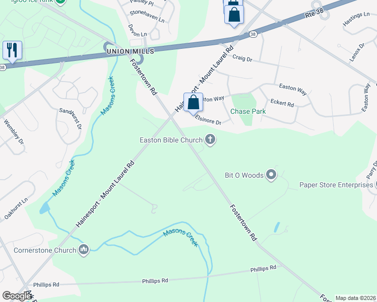 map of restaurants, bars, coffee shops, grocery stores, and more near 2410 Fostertown Road in Hainesport