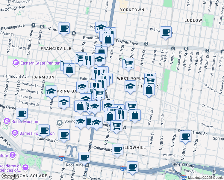 map of restaurants, bars, coffee shops, grocery stores, and more near 638 North 13th Street in Philadelphia