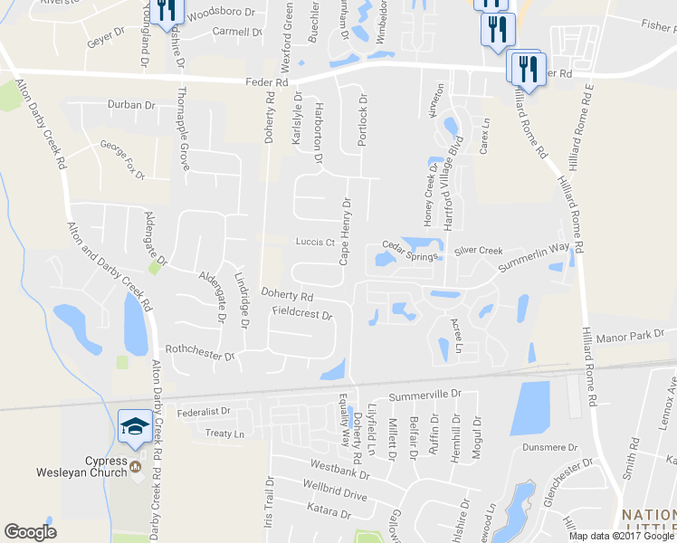 map of restaurants, bars, coffee shops, grocery stores, and more near 5885 Rainwater Way in Columbus