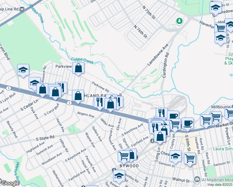 map of restaurants, bars, coffee shops, grocery stores, and more near 7509 Parkview Road in Delaware County