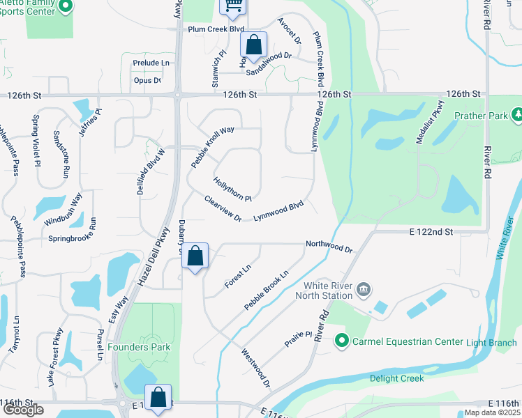 map of restaurants, bars, coffee shops, grocery stores, and more near 6076 Clearview Drive in Carmel