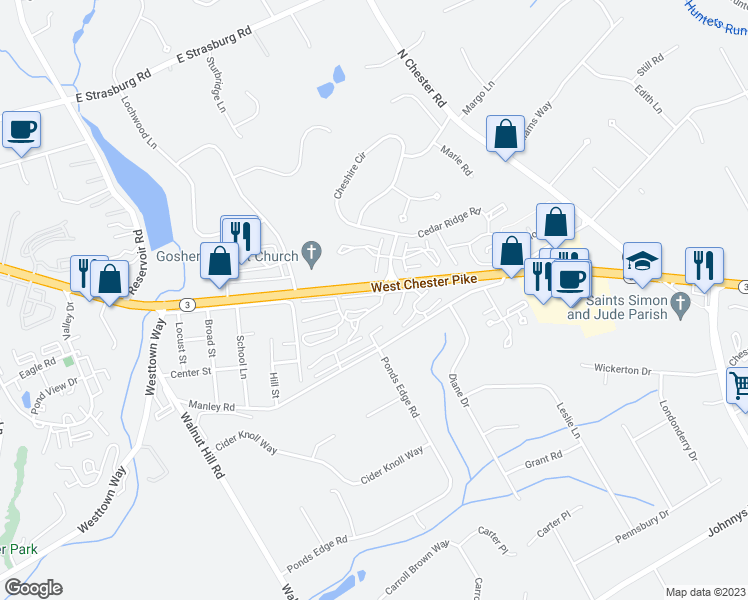 map of restaurants, bars, coffee shops, grocery stores, and more near 138 Summit House in West Chester