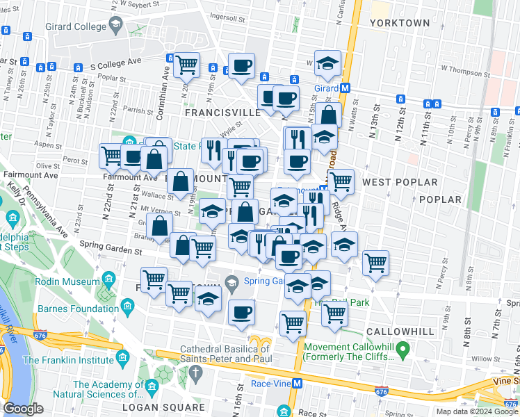 map of restaurants, bars, coffee shops, grocery stores, and more near in Philadelphia