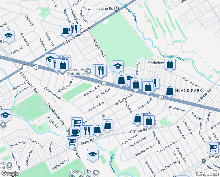 map of restaurants, bars, coffee shops, grocery stores, and more near 25 S Lynn Blvd in Delaware