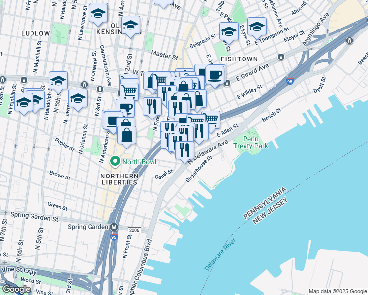 map of restaurants, bars, coffee shops, grocery stores, and more near 965 Frankford Avenue in Philadelphia