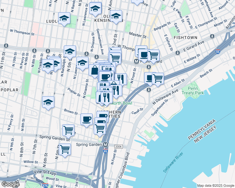 map of restaurants, bars, coffee shops, grocery stores, and more near 1021 North Hancock Street in Philadelphia