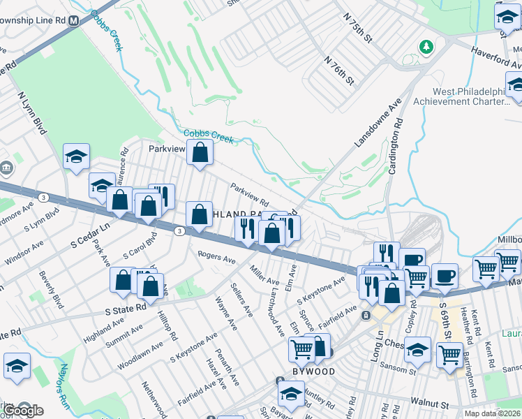 map of restaurants, bars, coffee shops, grocery stores, and more near 116 Ardsley Road in Delaware County