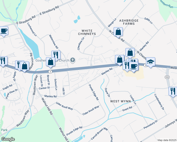 map of restaurants, bars, coffee shops, grocery stores, and more near 134 Summit House in West Chester