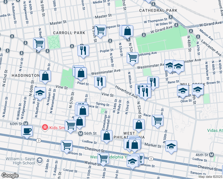 map of restaurants, bars, coffee shops, grocery stores, and more near 5418 Pearl Street in Philadelphia