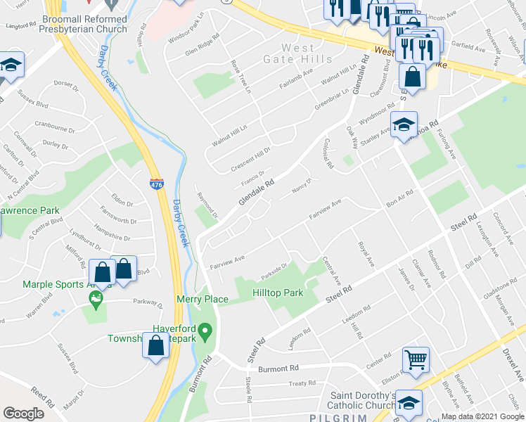 map of restaurants, bars, coffee shops, grocery stores, and more near 400 Glendale Road in Havertown