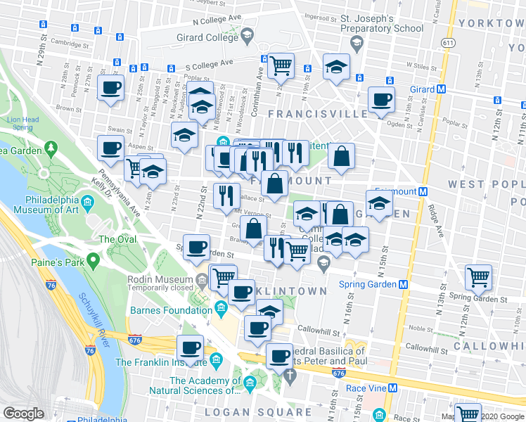 map of restaurants, bars, coffee shops, grocery stores, and more near 1935 Mount Vernon Street in Philadelphia