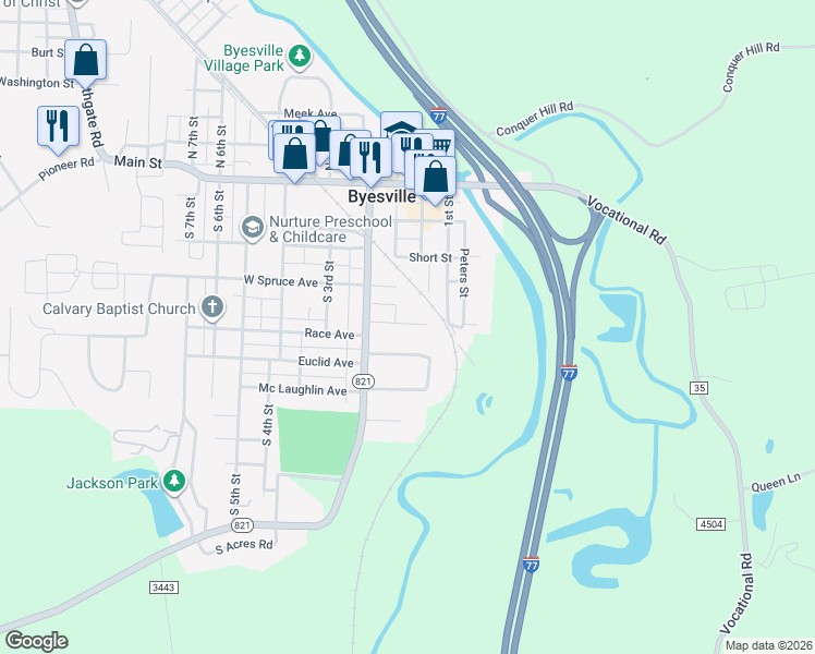 map of restaurants, bars, coffee shops, grocery stores, and more near 205 Greendale Avenue in Byesville