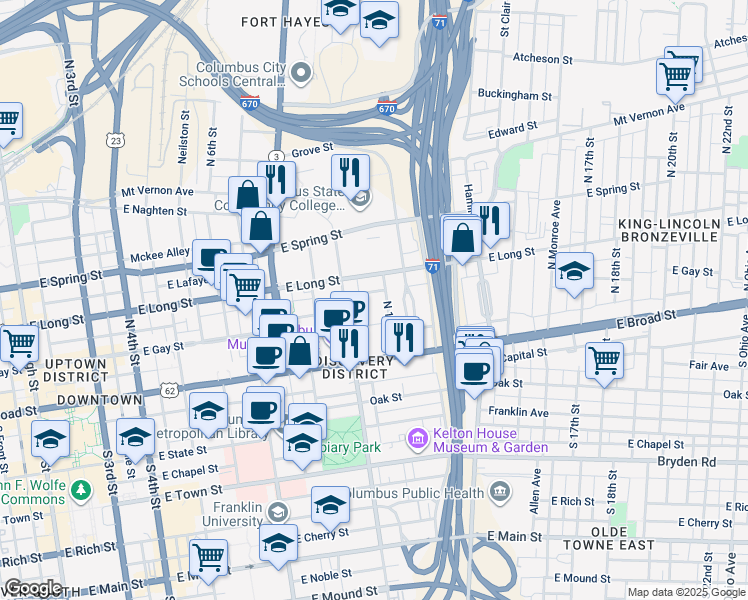 map of restaurants, bars, coffee shops, grocery stores, and more near 555 Boone Street in Columbus