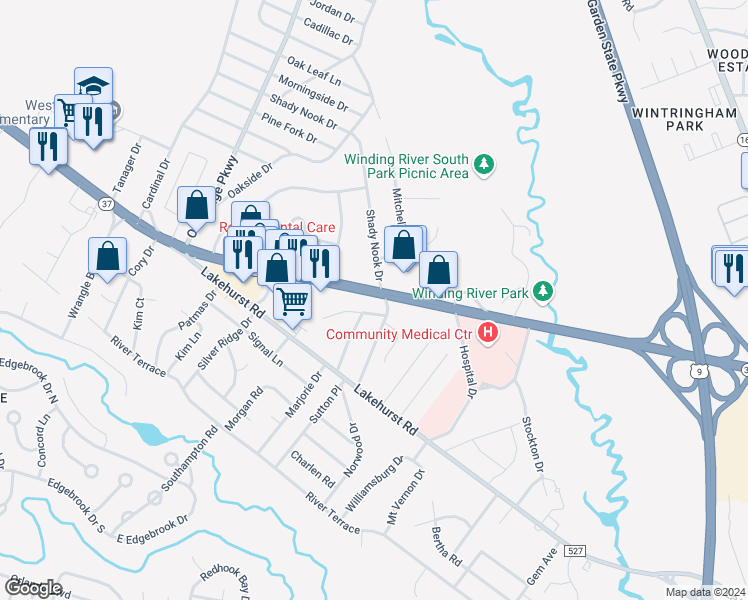 map of restaurants, bars, coffee shops, grocery stores, and more near 147 New Jersey 37 in Toms River