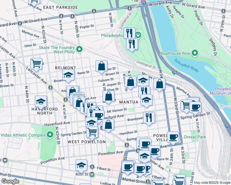 map of restaurants, bars, coffee shops, grocery stores, and more near 3825 Fairmount Avenue in Philadelphia