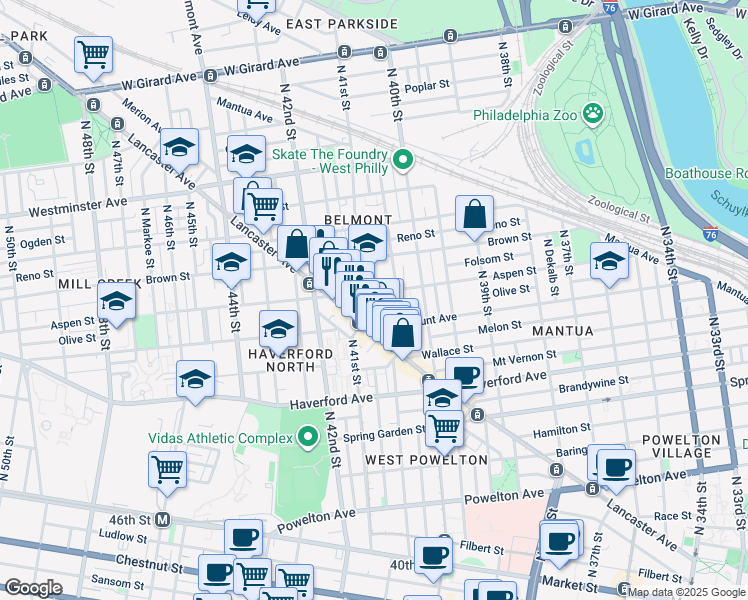 map of restaurants, bars, coffee shops, grocery stores, and more near 4062 Aspen Street in Philadelphia