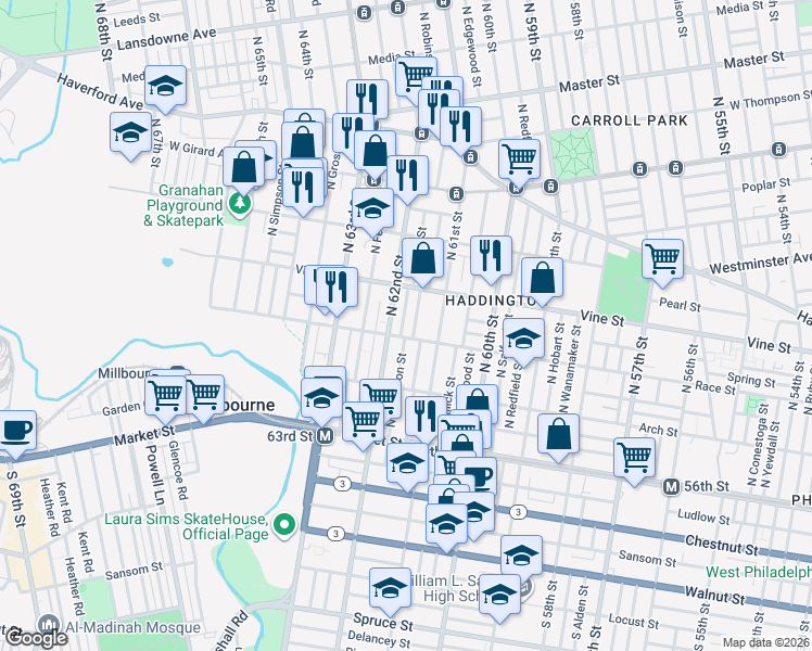 map of restaurants, bars, coffee shops, grocery stores, and more near 224 North Robinson Street in Philadelphia