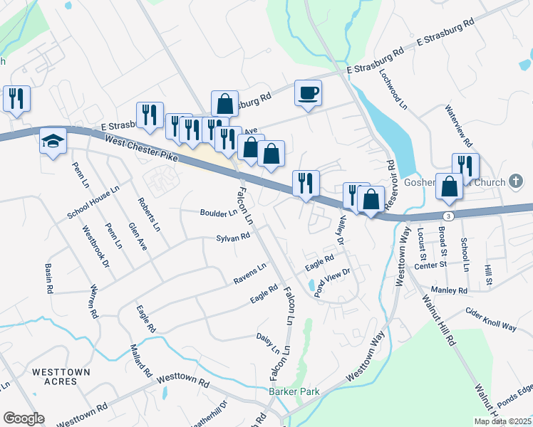 map of restaurants, bars, coffee shops, grocery stores, and more near West Chester Bypass in West Chester