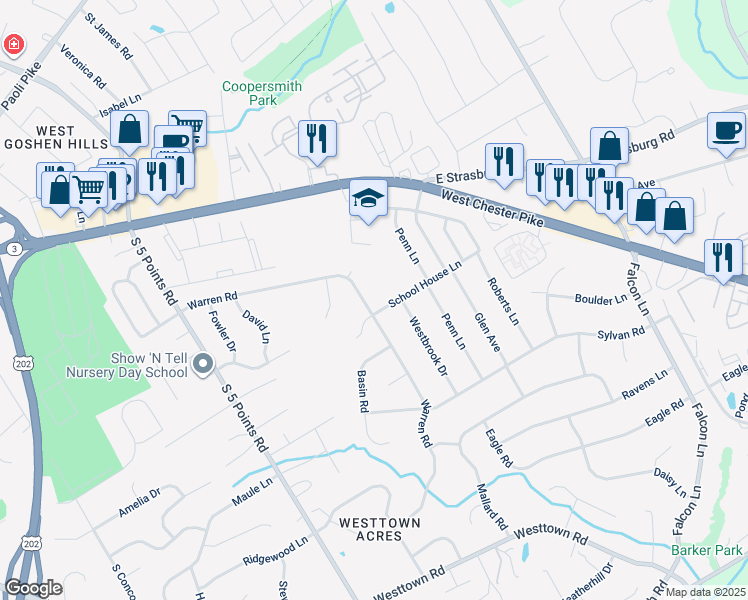 map of restaurants, bars, coffee shops, grocery stores, and more near 309 Warren Road in West Chester