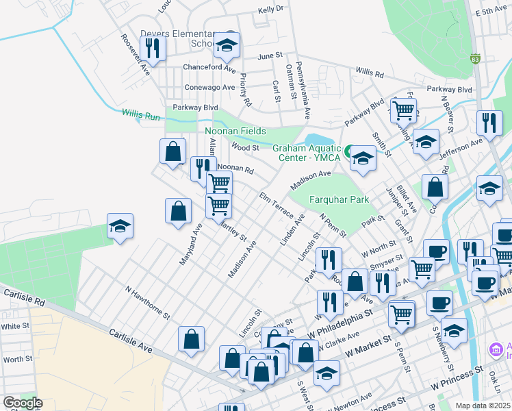 map of restaurants, bars, coffee shops, grocery stores, and more near 463 Pennsylvania Avenue in York