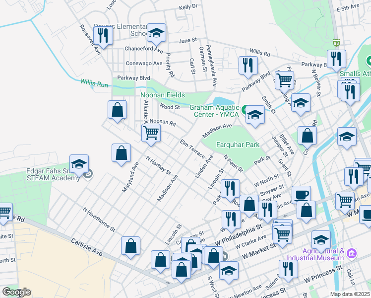 map of restaurants, bars, coffee shops, grocery stores, and more near 620 Elm Terrace in York