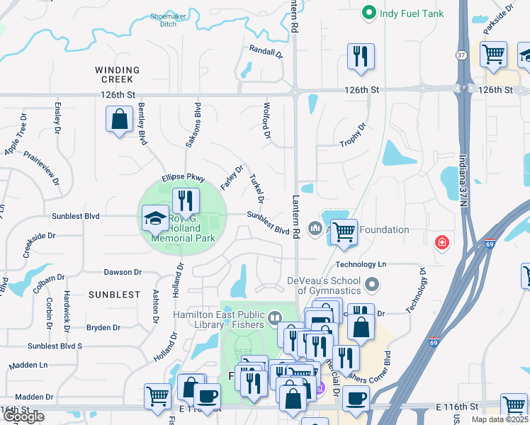 map of restaurants, bars, coffee shops, grocery stores, and more near 12391 Turkel Drive in Fishers