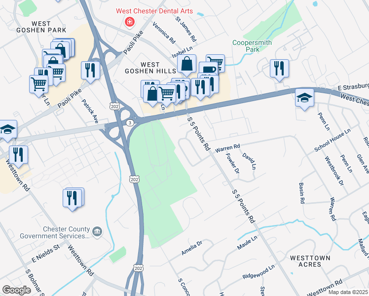 map of restaurants, bars, coffee shops, grocery stores, and more near 103 Fairview Drive in West Chester