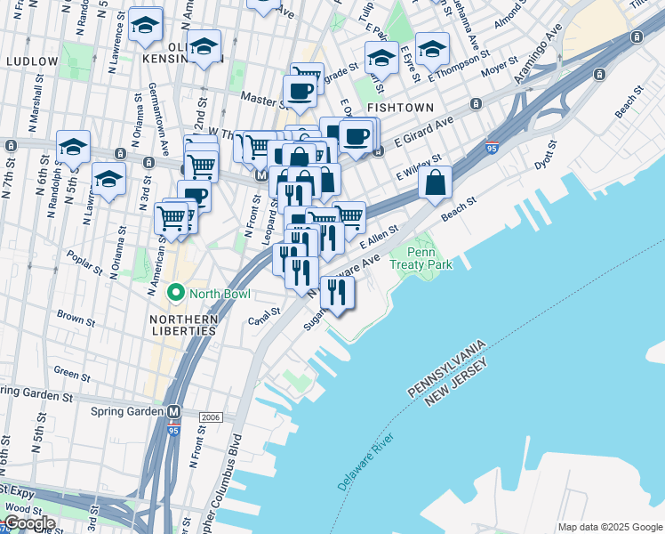 map of restaurants, bars, coffee shops, grocery stores, and more near 1080 North Delaware Avenue in Philadelphia