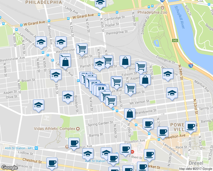 map of restaurants, bars, coffee shops, grocery stores, and more near 734 Wiota Street in Philadelphia
