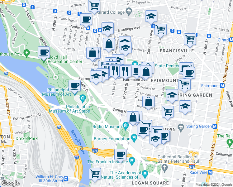 map of restaurants, bars, coffee shops, grocery stores, and more near 2223 Green Street in Philadelphia