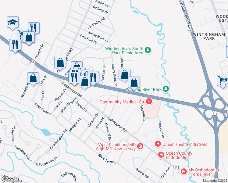 map of restaurants, bars, coffee shops, grocery stores, and more near 147 New Jersey 37 in Toms River