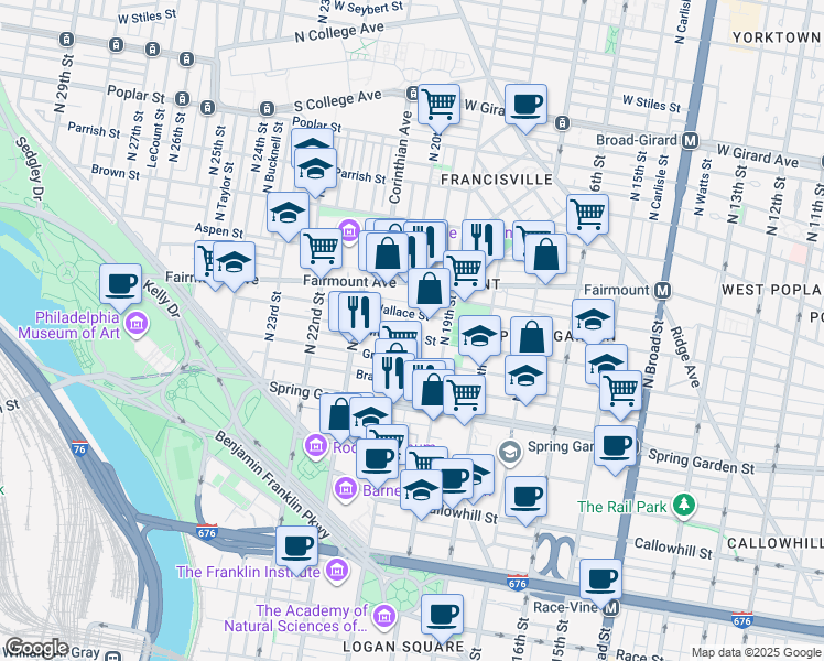 map of restaurants, bars, coffee shops, grocery stores, and more near 1935 Mount Vernon Street in Philadelphia