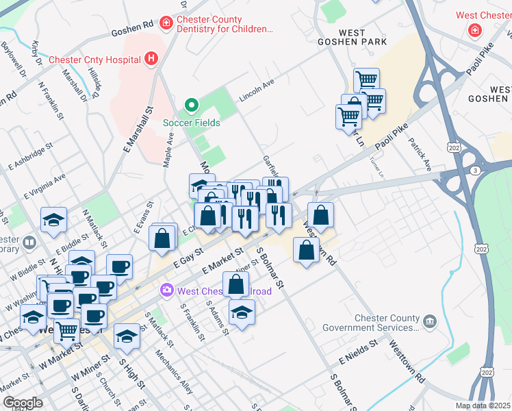 map of restaurants, bars, coffee shops, grocery stores, and more near 711 East Gay Street in West Chester